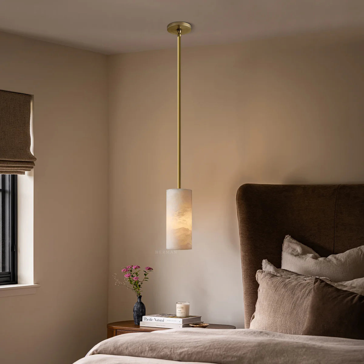 Modern Alabaster Hand Carved  Cylinder Pendant Light