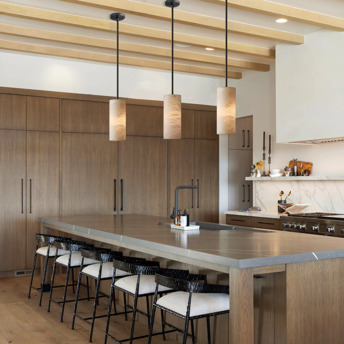 Modern Alabaster Hand Carved  Cylinder Pendant Light