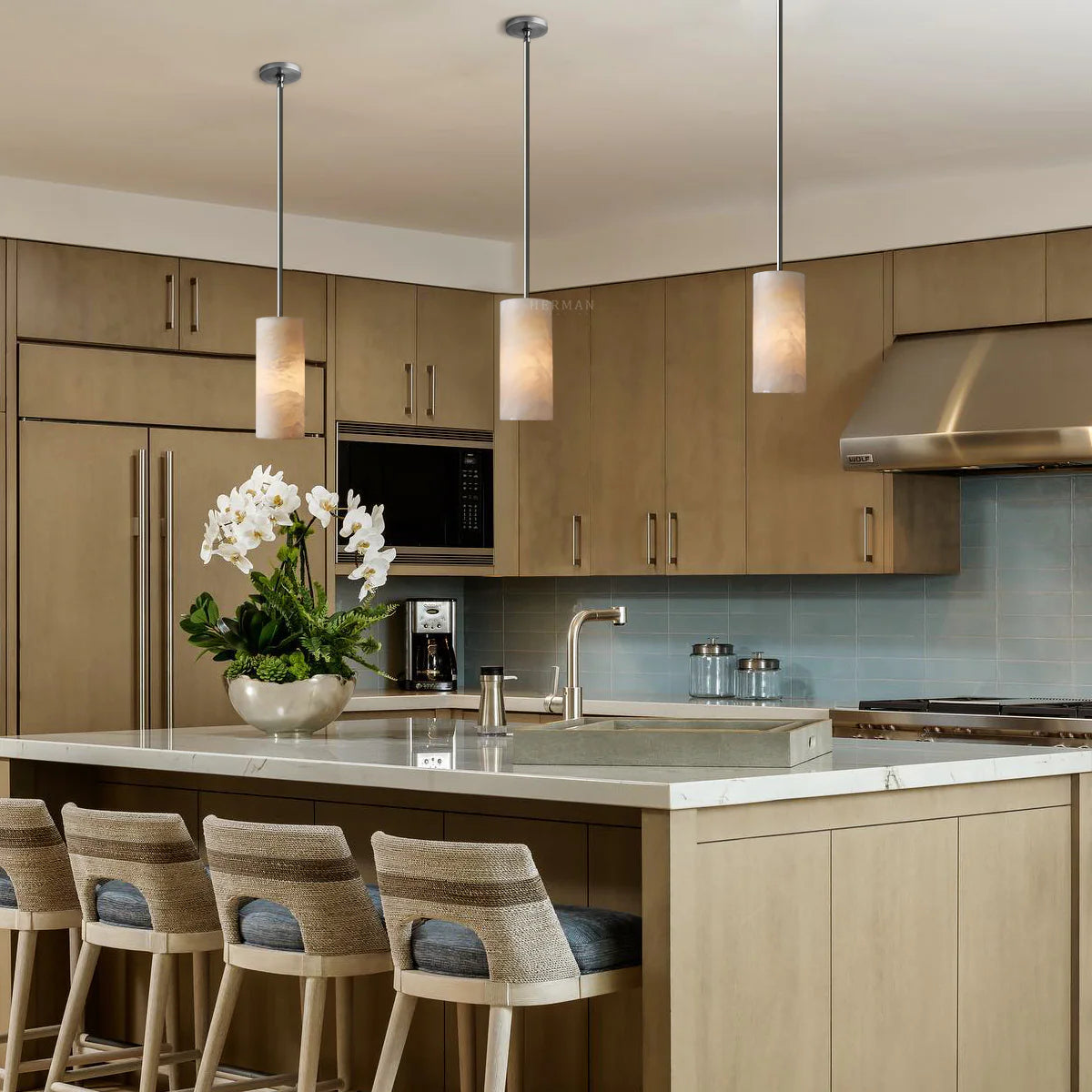 Modern Alabaster Hand Carved  Cylinder Pendant Light