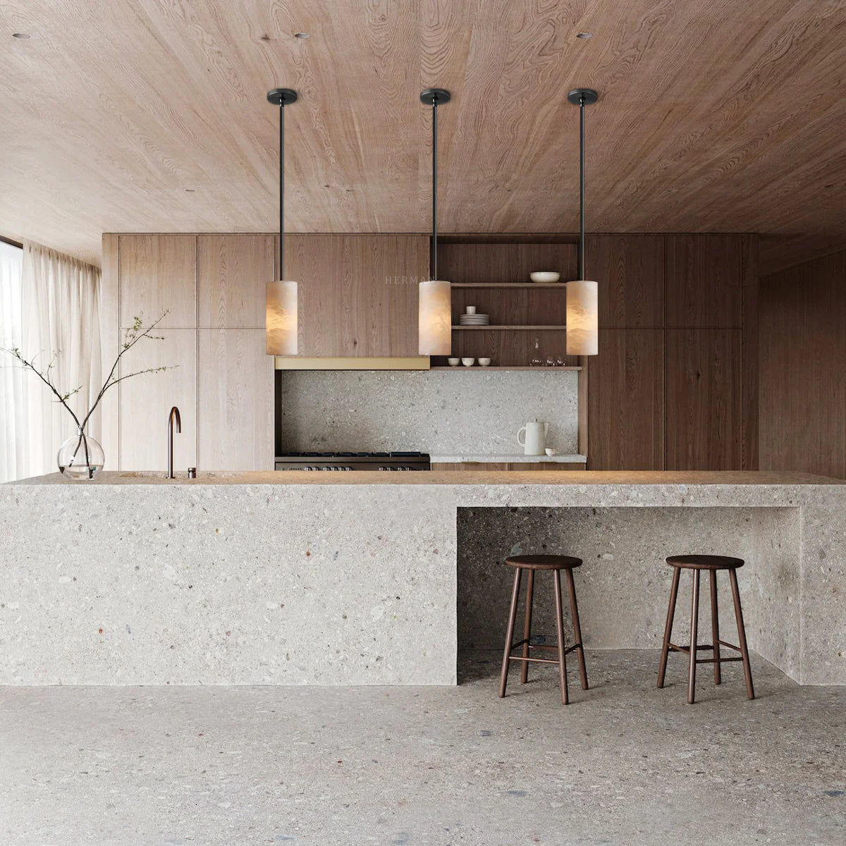 Modern Alabaster Hand Carved  Cylinder Pendant Light