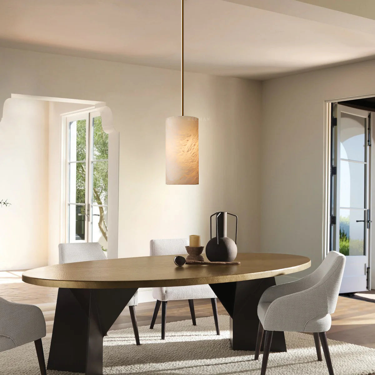 Modern Alabaster Hand Carved  Cylinder Pendant Light