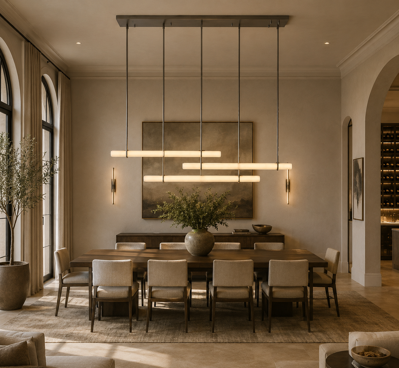 Audubons Modern Alabaster Triple Bar Linear Chandelier 72"