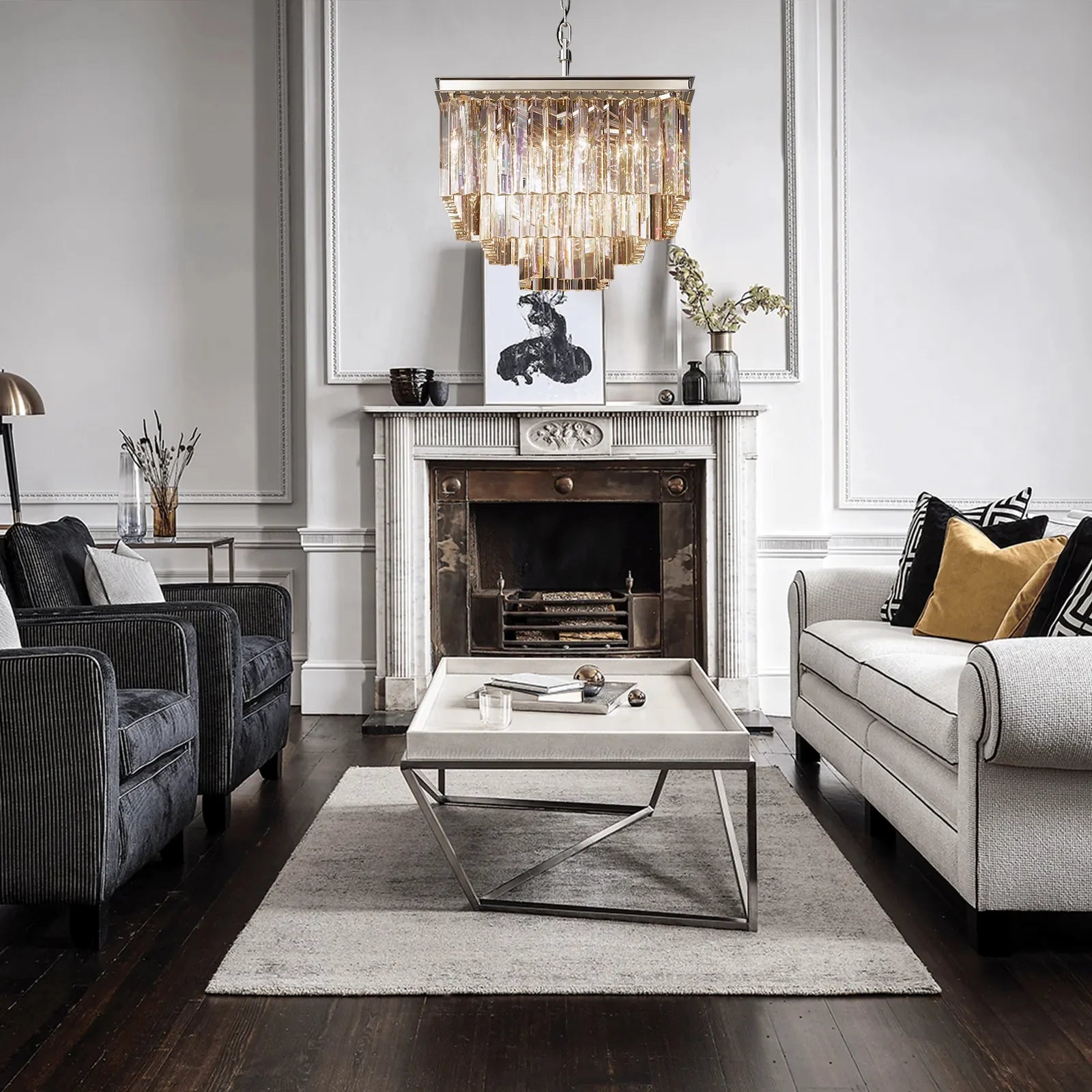 1920s Odeon Multi-tier Crystal Square Chandelier 34"