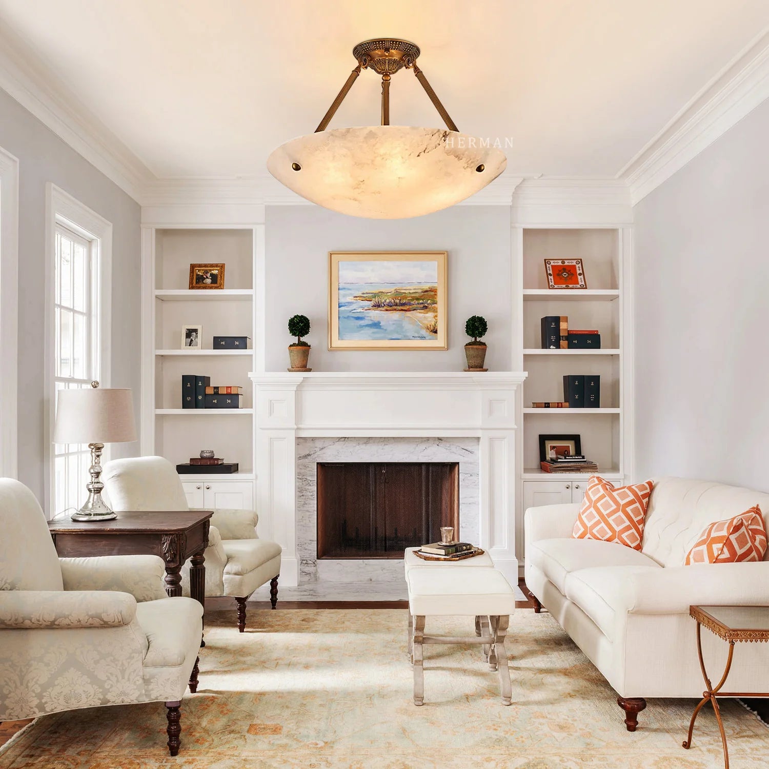 Modern Vintage Round Alabaster Ceiling Lamp