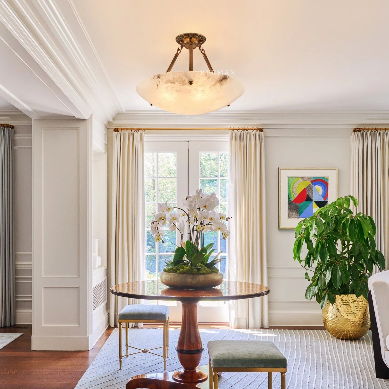 Modern Vintage Round Alabaster Ceiling Lamp