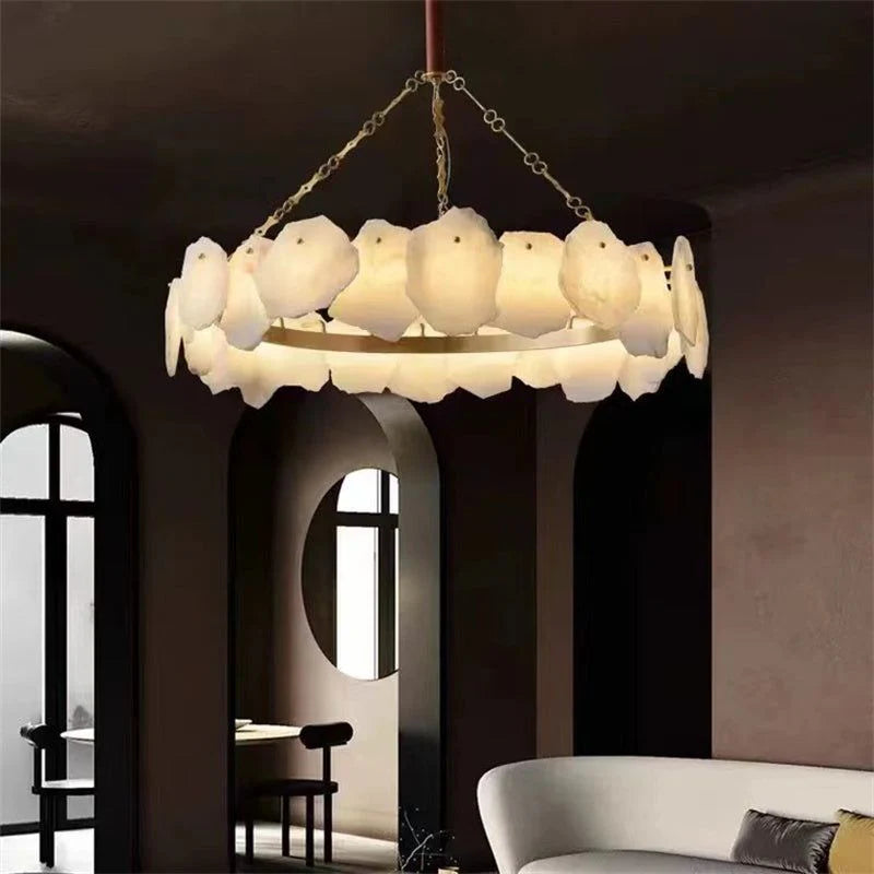 Modern Alabaster Snowflake Round Chandelier