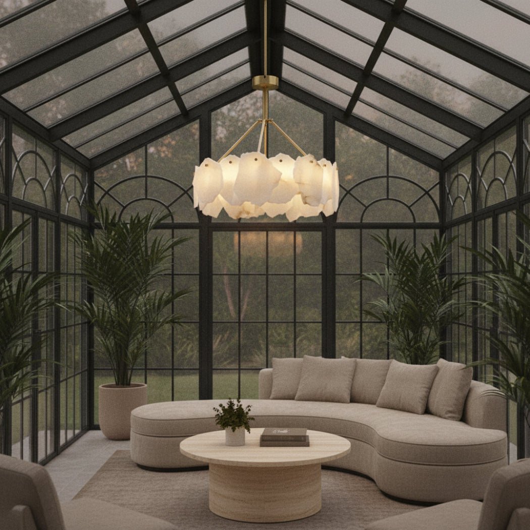 Modern Alabaster Snowflake Round Chandelier