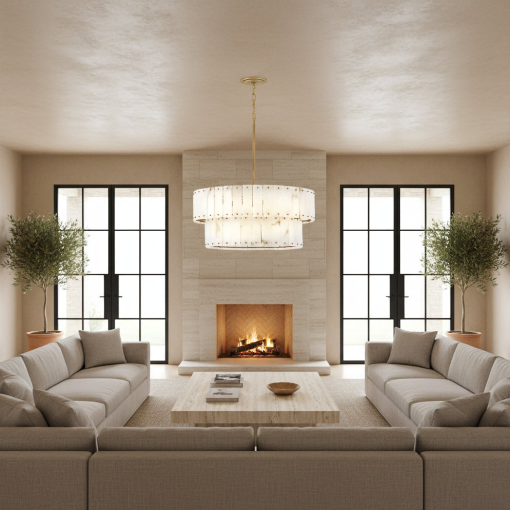 Modern Alabaster Drum 2-Tier Chandelier