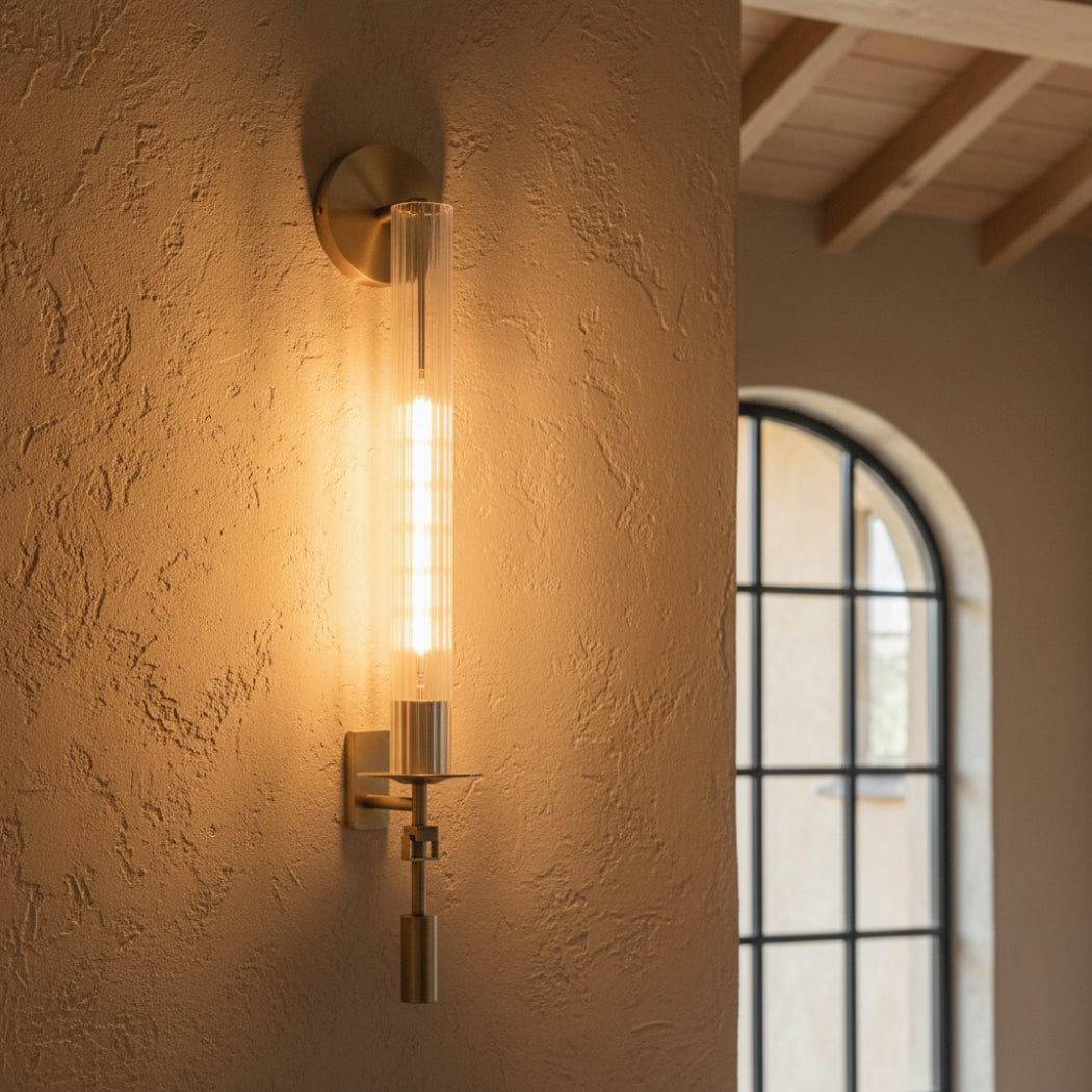 Contemporary Modern Column Fluted Glass Wall Sconces in Brass