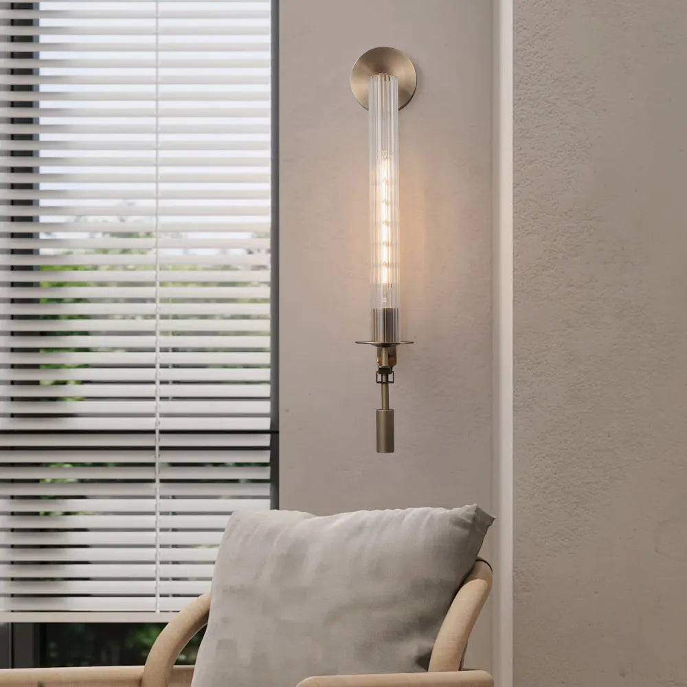 Contemporary Modern Column Fluted Glass Wall Sconces in Brass